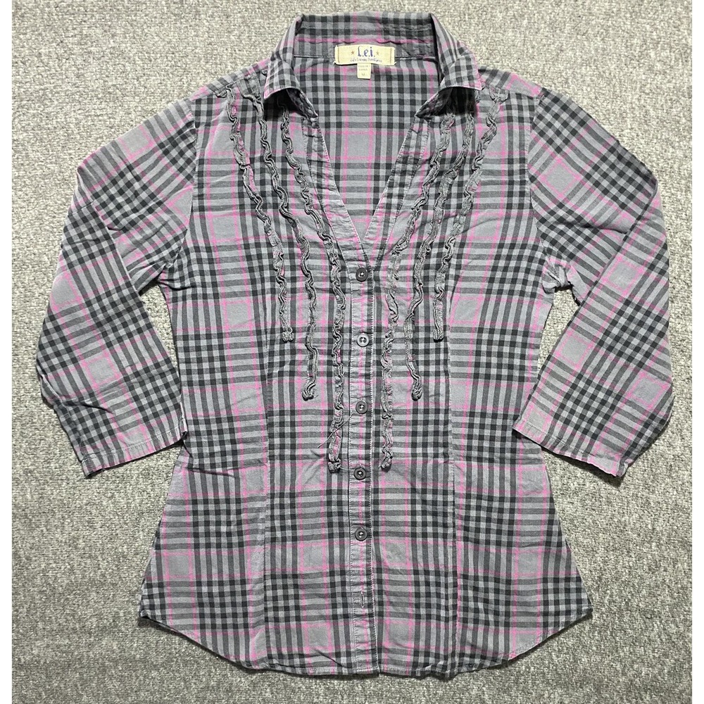 LEI Womens Juniors  Plaid Ruffled Button Up 3/4 Sleeve Shirt Purple Size M